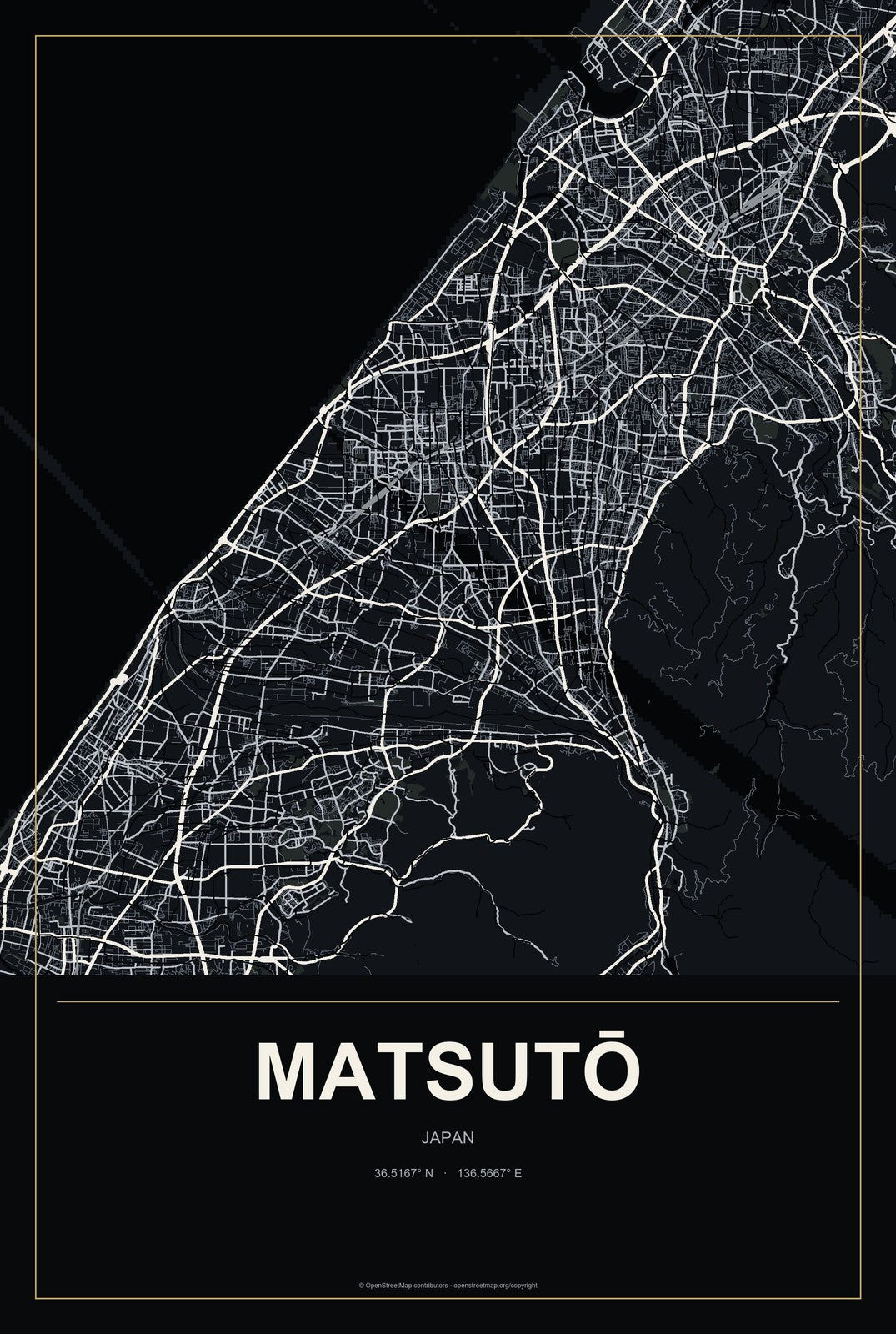 Matsutō, Japan City Map Aluminum Sign in Metropolitan Noir style