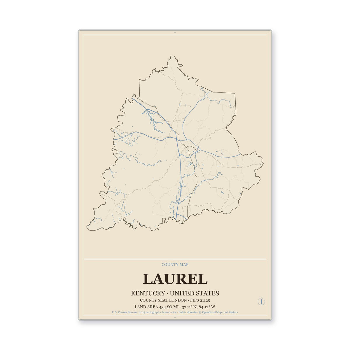 Laurel County, Kentucky Map Aluminum Sign in Heritage Nautical style