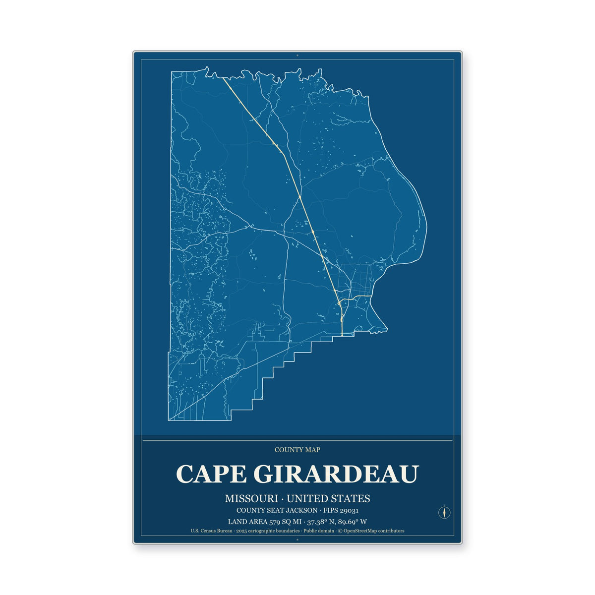 Cape Girardeau County, Missouri Map Aluminum Sign in Harbor Cobalt style