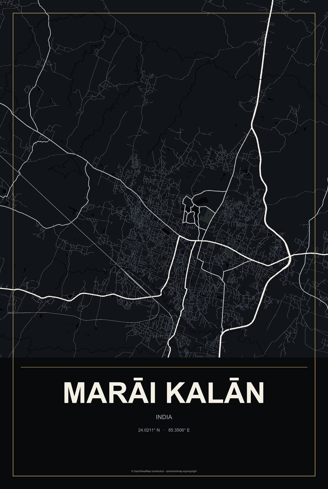 Marāi Kalān, India City Map Aluminum Sign in Metropolitan Noir style