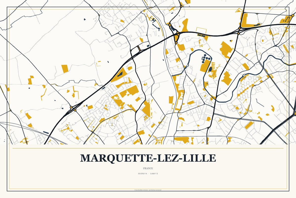 Marquette-lez-Lille, France City Map Aluminum Sign in Citrine Modern style