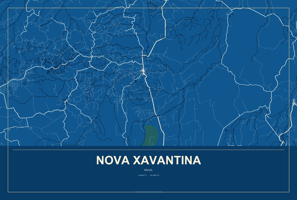 Nova Xavantina, Brazil City Map Aluminum Sign in Harbor Cobalt style