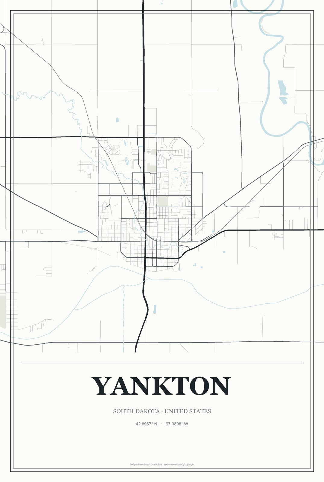 Yankton, South Dakota City Map Aluminum Sign in Gallery Air style