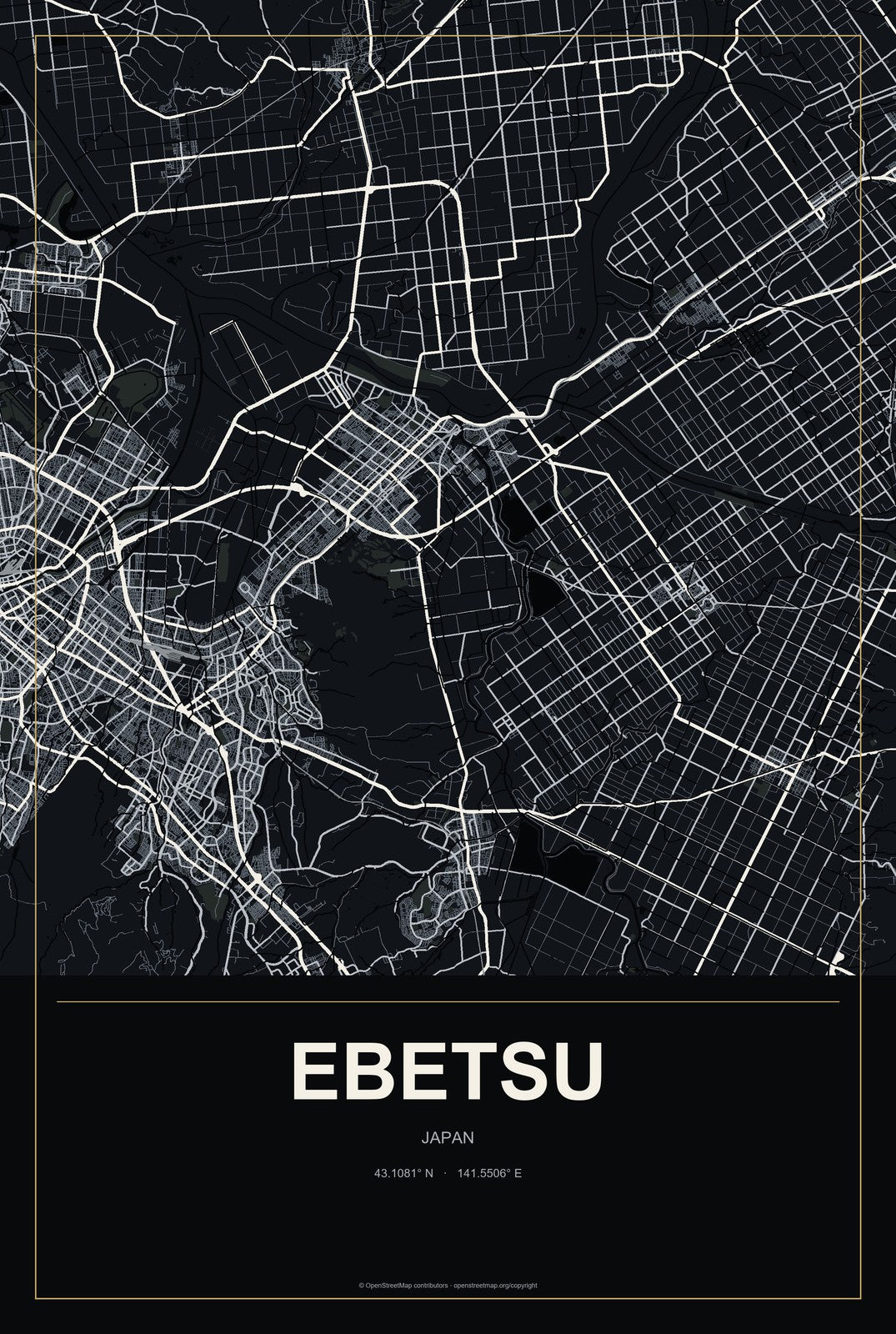 Ebetsu, Japan City Map Aluminum Sign in Metropolitan Noir style