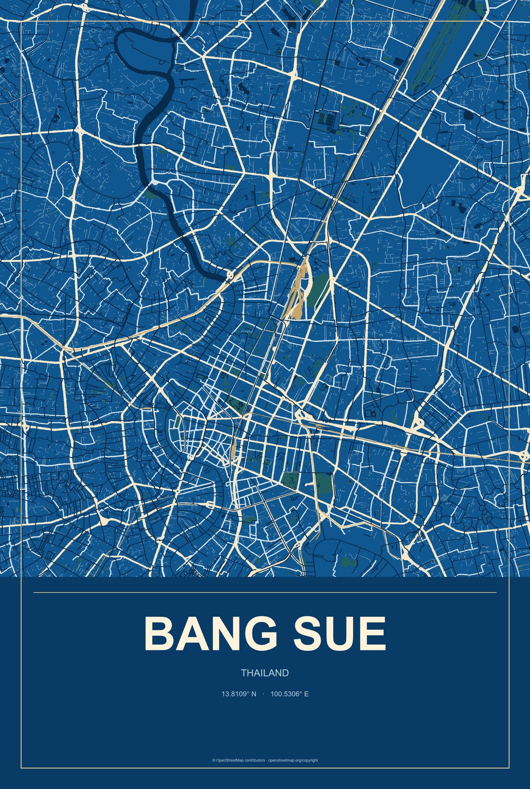 Bang Sue, Thailand City Map Aluminum Sign in Harbor Cobalt style