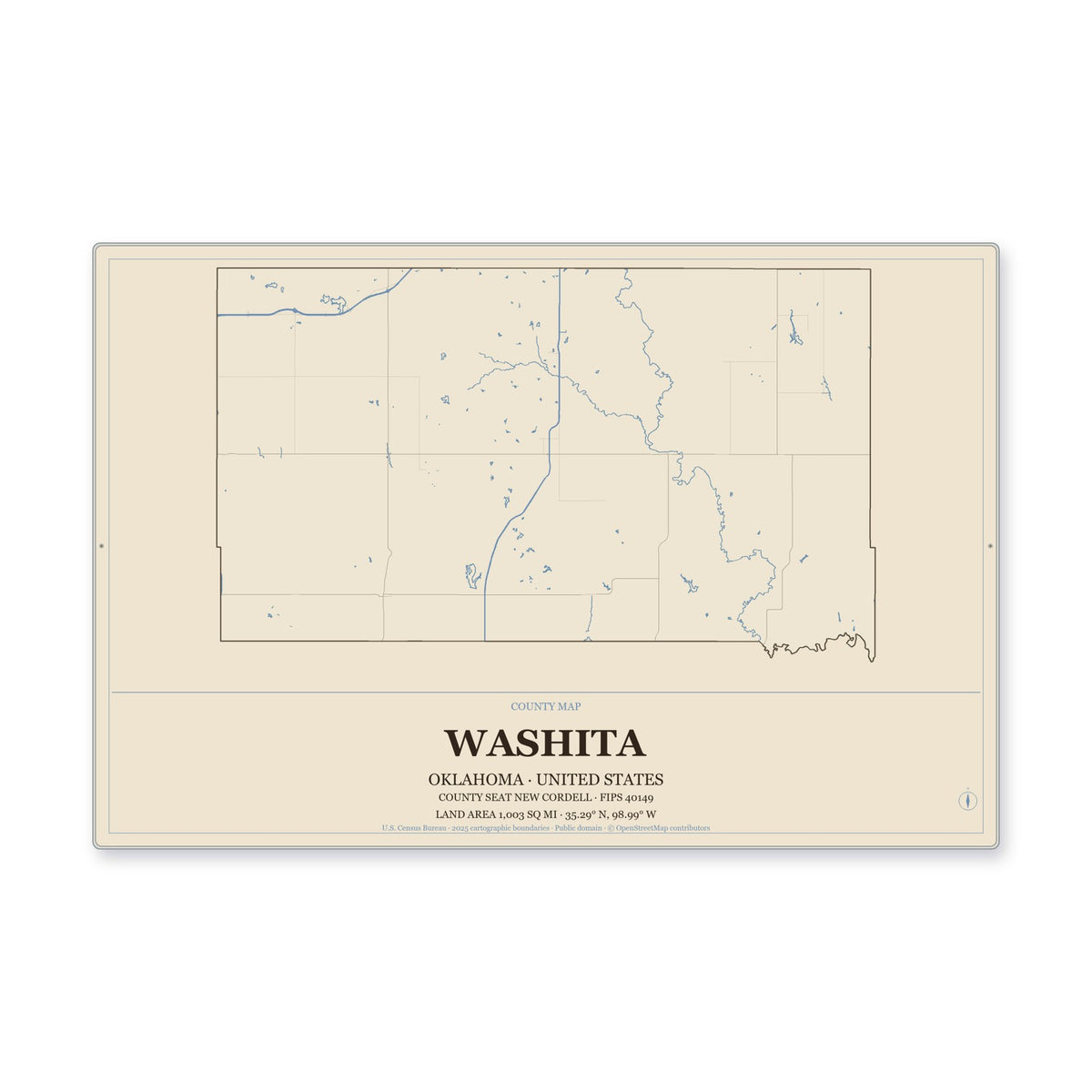 Washita County, Oklahoma Map Aluminum Sign in Heritage Nautical style