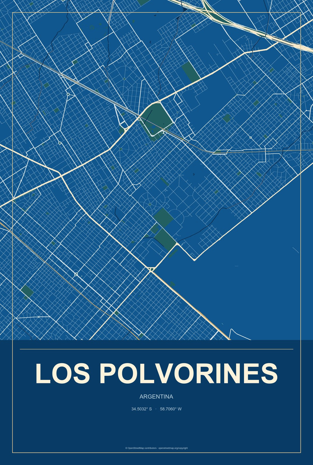 Los Polvorines, Argentina City Map Aluminum Sign in Harbor Cobalt style