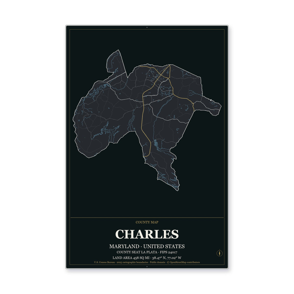 Charles County, Maryland Map Aluminum Sign in Metropolitan Noir style