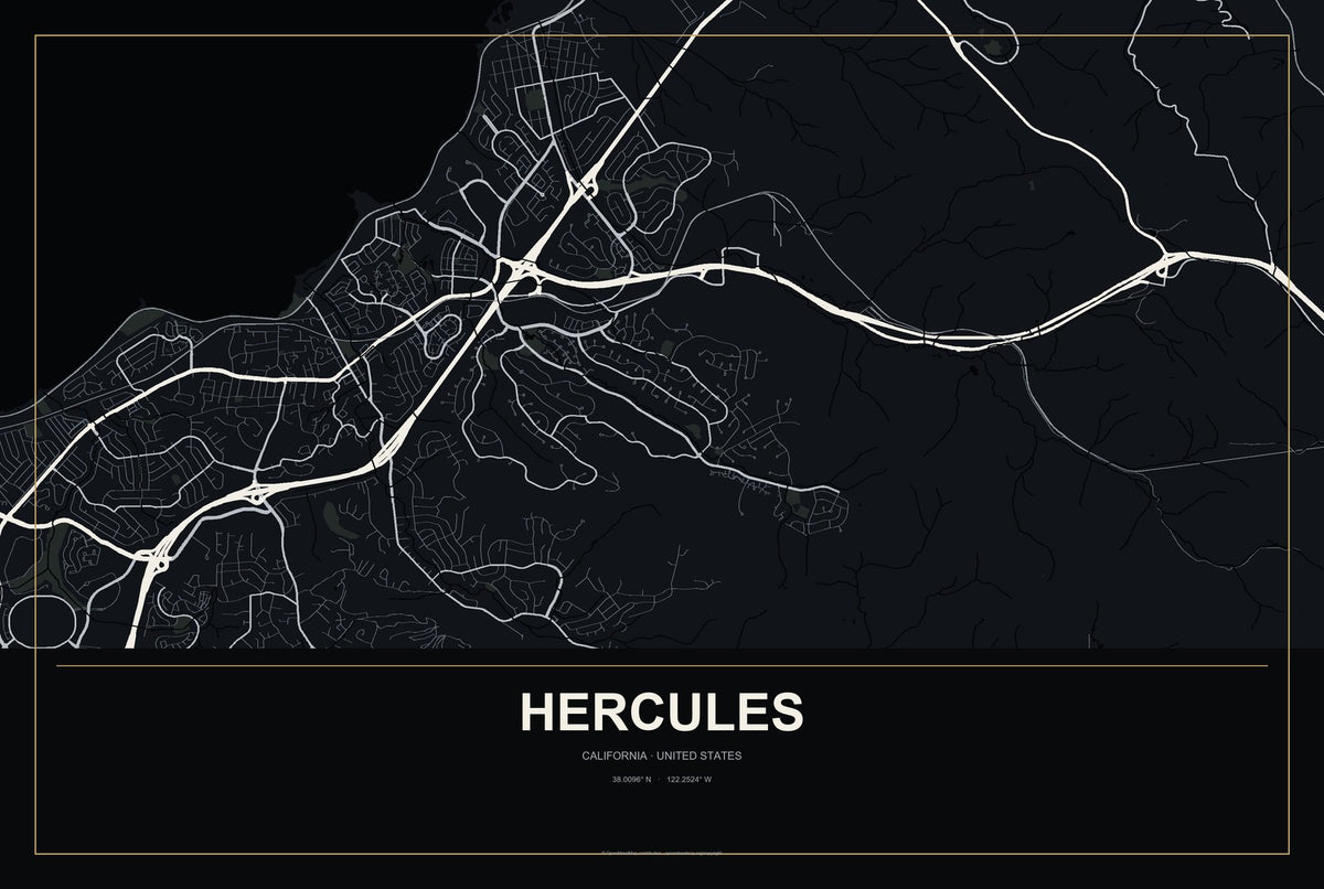 Hercules, California City Map Aluminum Sign in Metropolitan Noir style