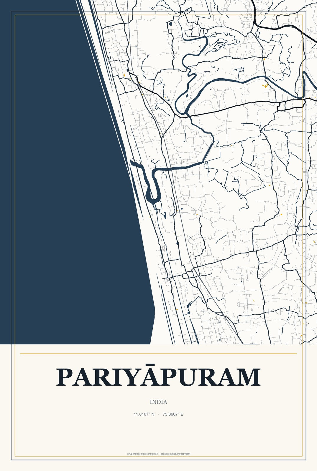 Pariyāpuram, India City Map Aluminum Sign in Citrine Modern style