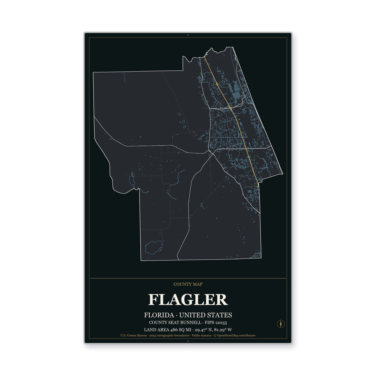 Flagler County, Florida Map Aluminum Sign in Metropolitan Noir style