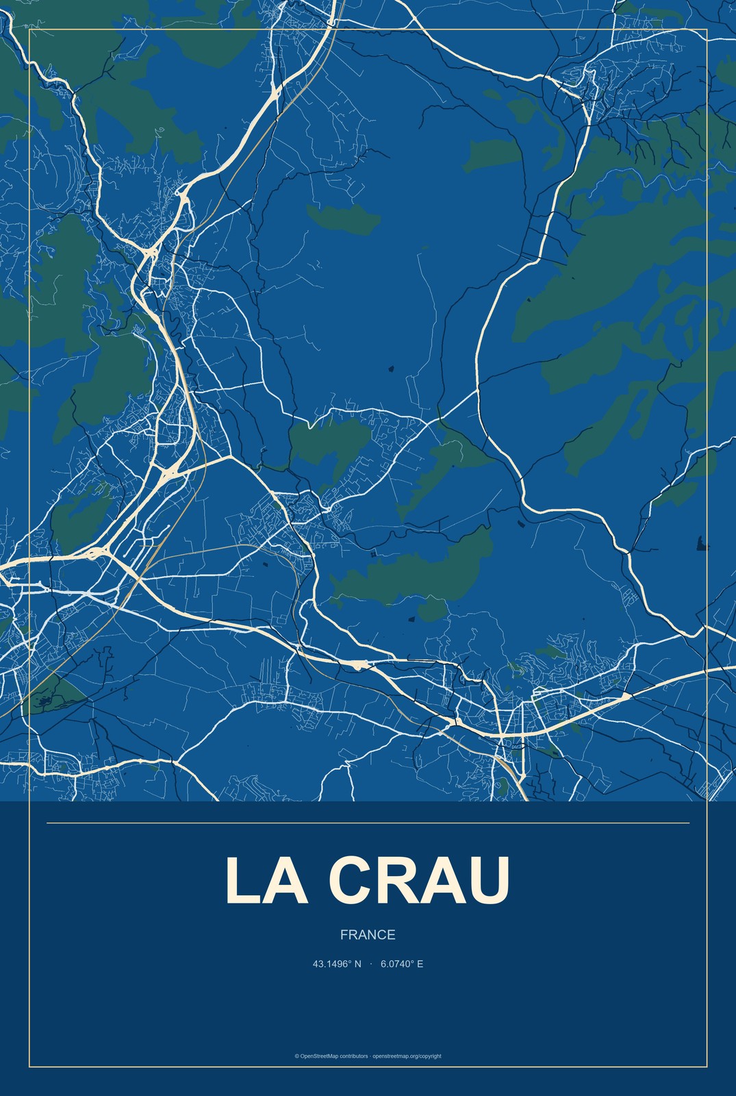 La Crau, France City Map Aluminum Sign in Harbor Cobalt style