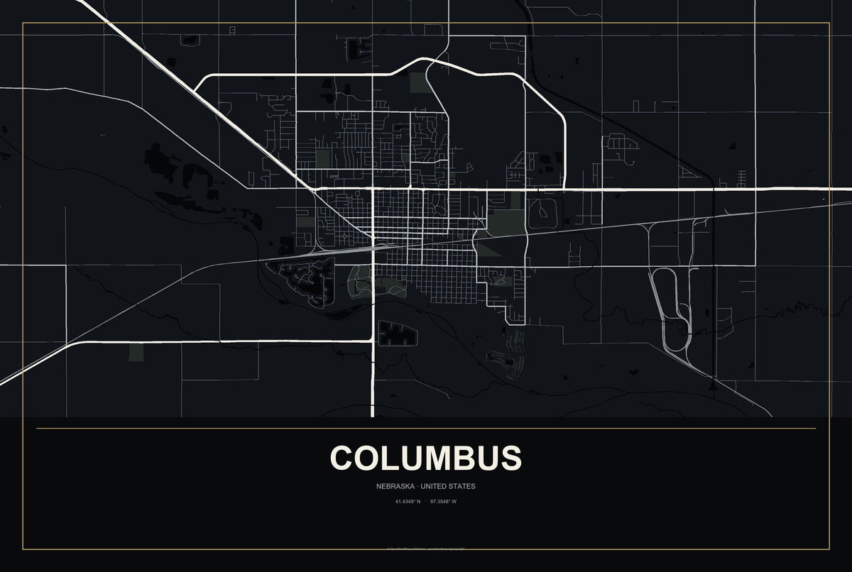 Columbus, Nebraska City Map Aluminum Sign in Metropolitan Noir style