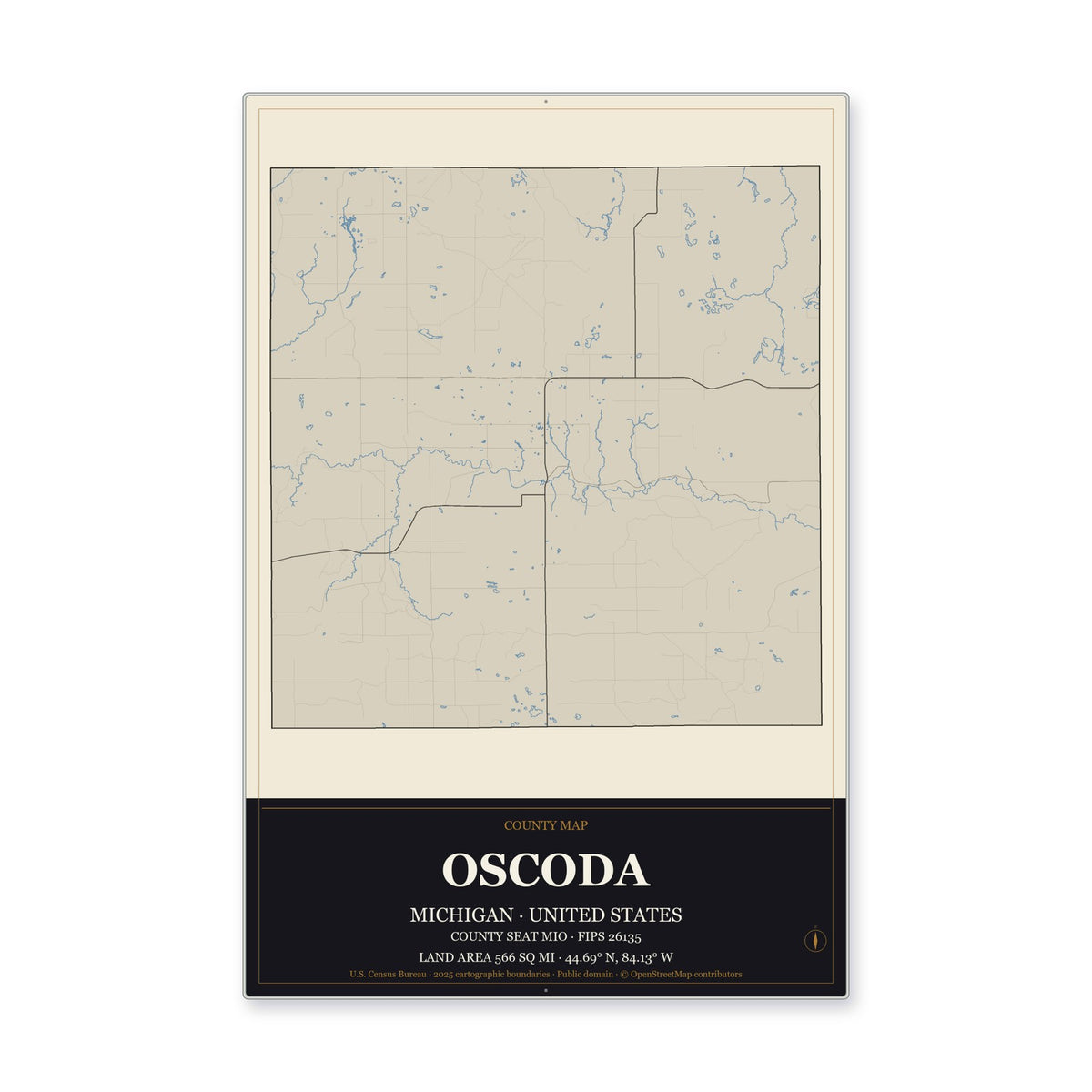 Oscoda County, Michigan Map Aluminum Sign in Museum Plaque style