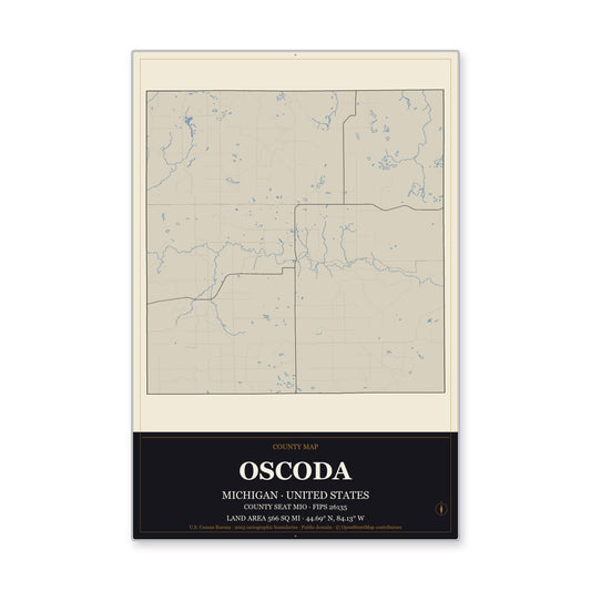 Oscoda County, Michigan Map Aluminum Sign in Museum Plaque style