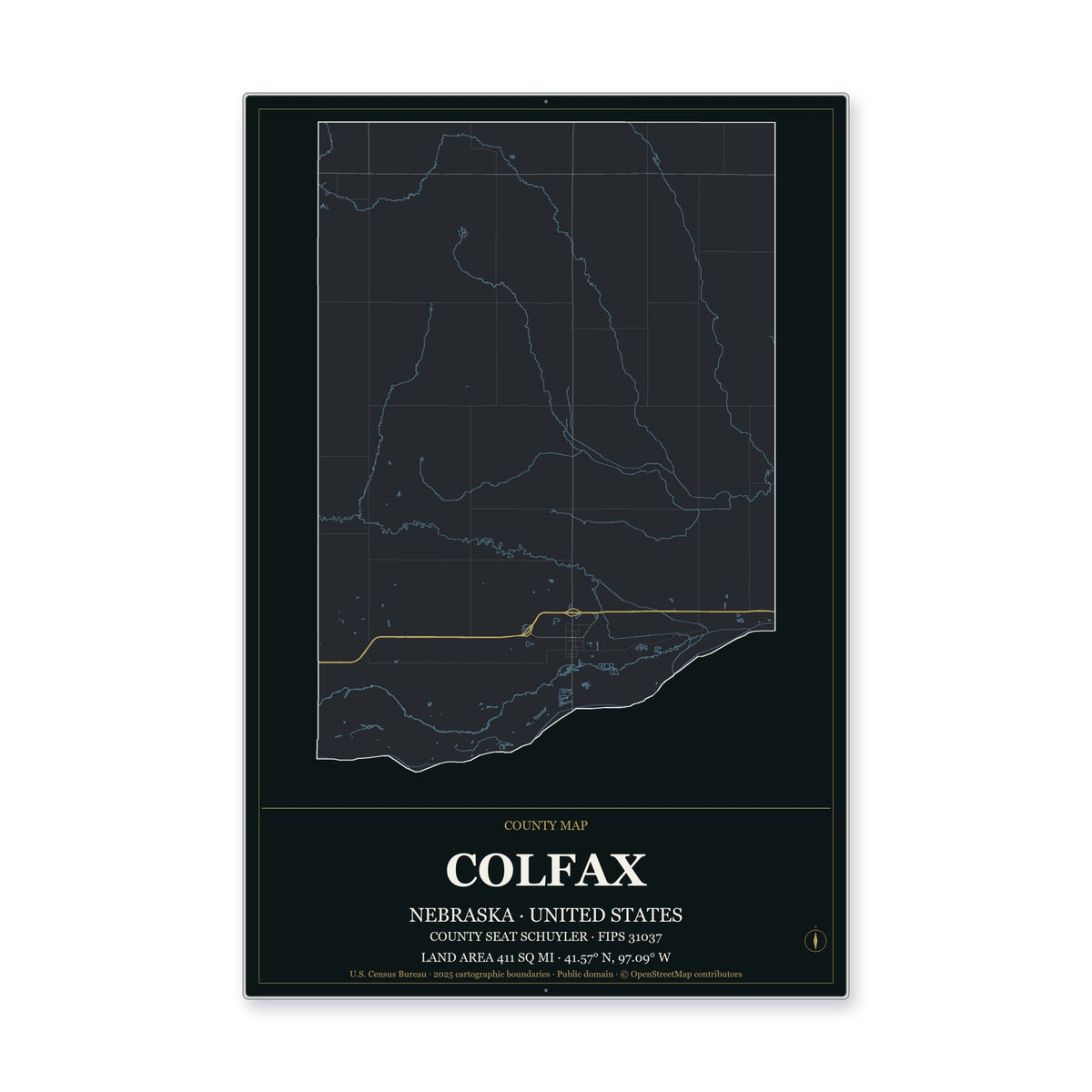 Colfax County, Nebraska Map Aluminum Sign in Metropolitan Noir style