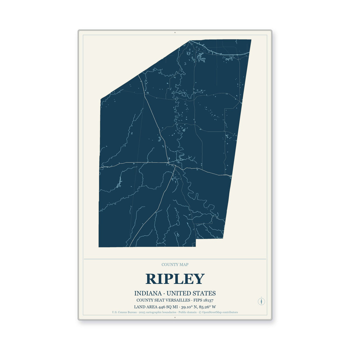 Ripley County, Indiana Map Aluminum Sign in Coastal Cutout style