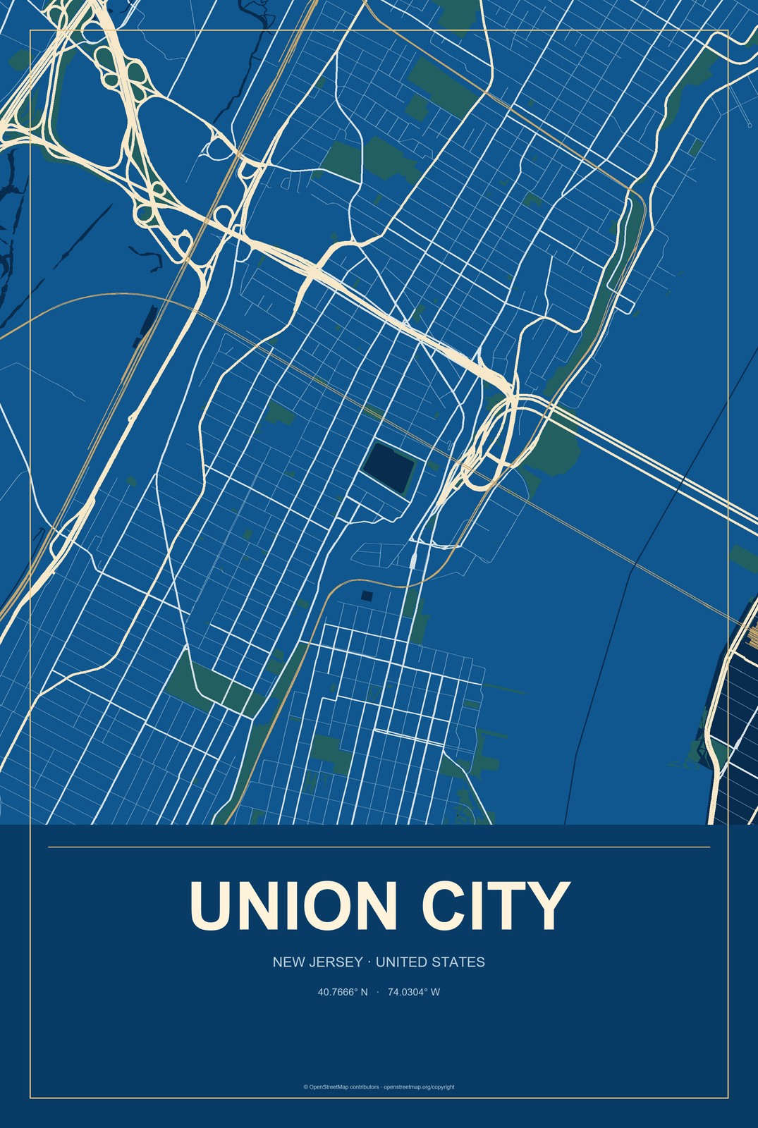 Union City, New Jersey City Map Aluminum Sign in Harbor Cobalt style
