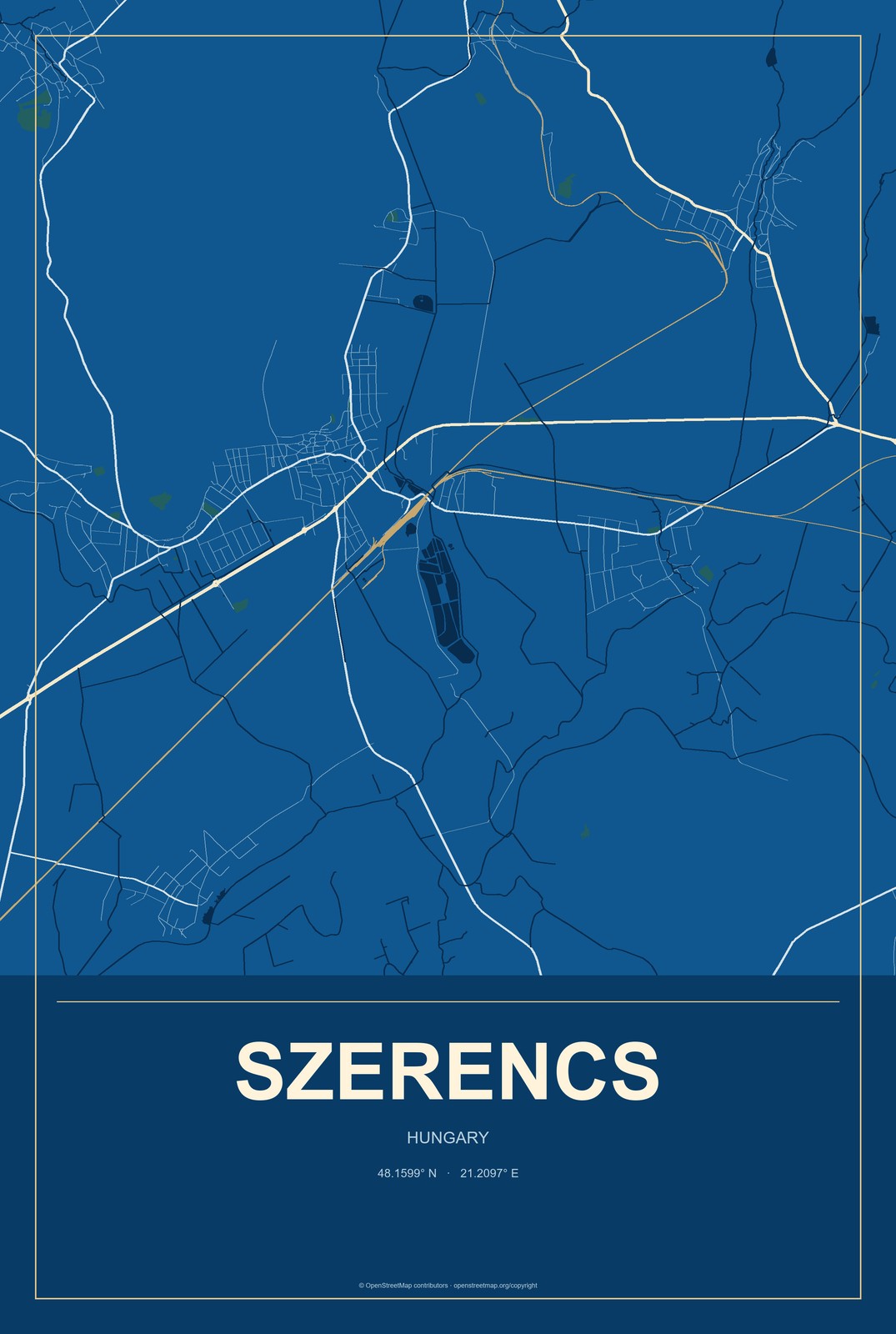 Szerencs, Hungary City Map Aluminum Sign in Harbor Cobalt style