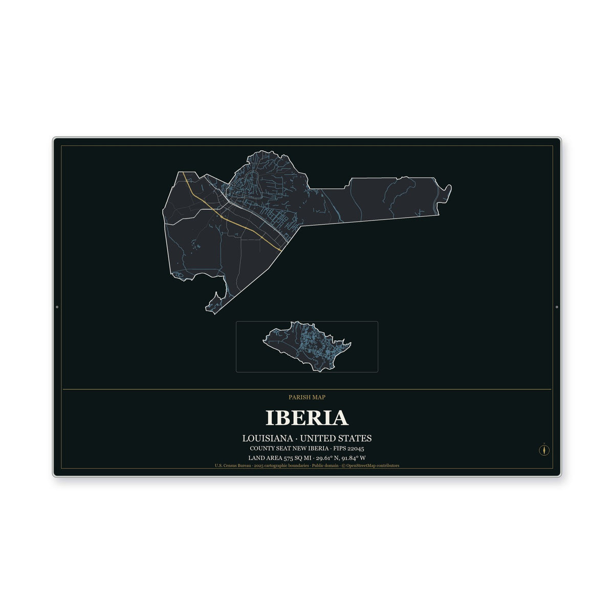 Iberia Parish, Louisiana Map Aluminum Sign in Metropolitan Noir style