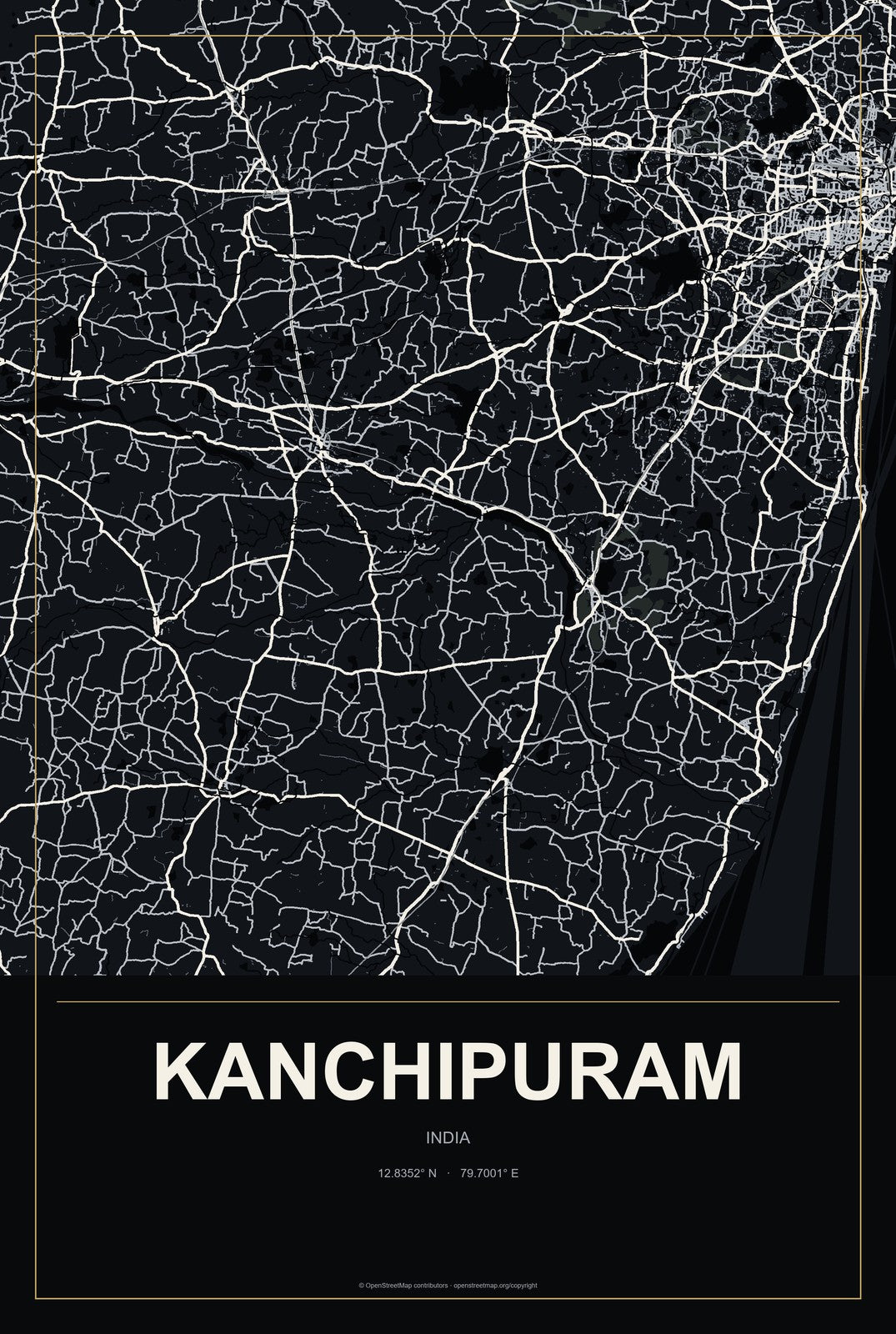 Kanchipuram, India City Map Aluminum Sign in Metropolitan Noir style