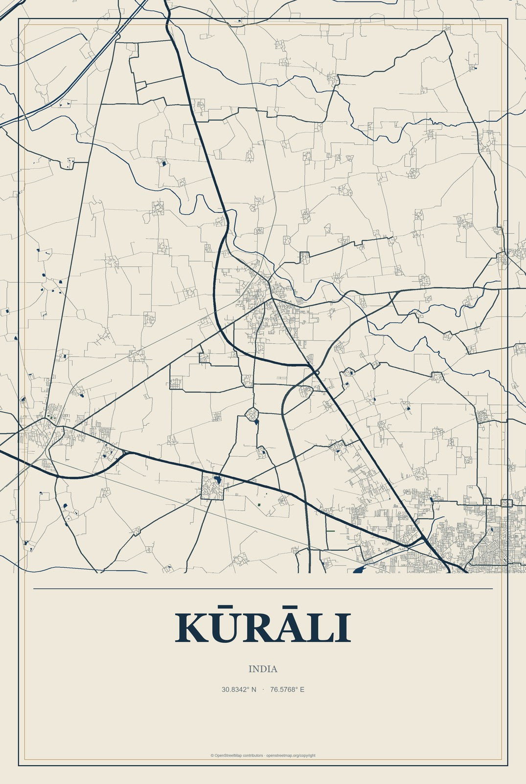 Kūrāli, India City Map Aluminum Sign in Coastal Cutout style