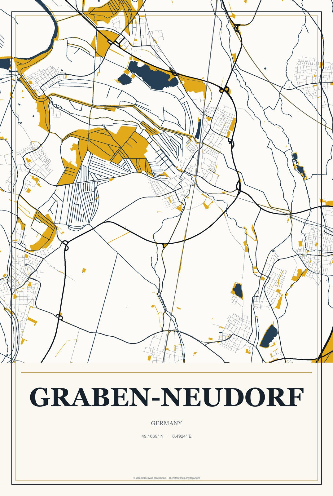 Graben-Neudorf, Germany City Map Aluminum Sign in Citrine Modern style