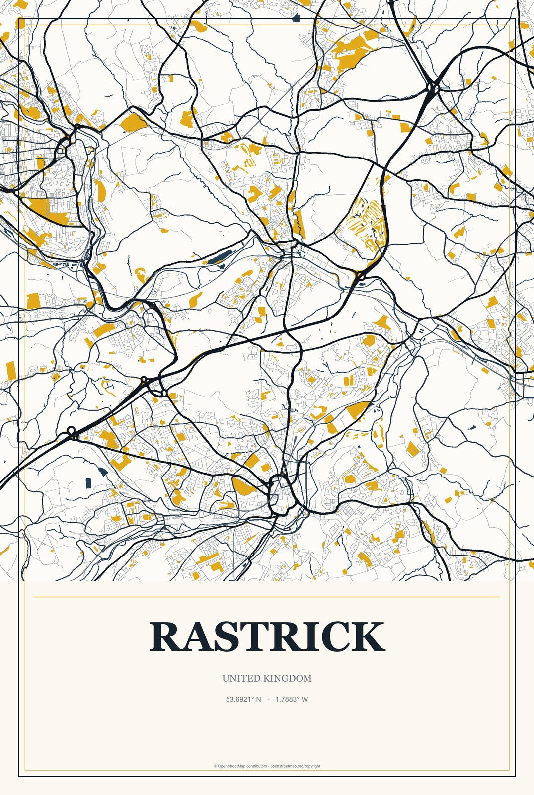 Rastrick, United Kingdom City Map Aluminum Sign in Citrine Modern style