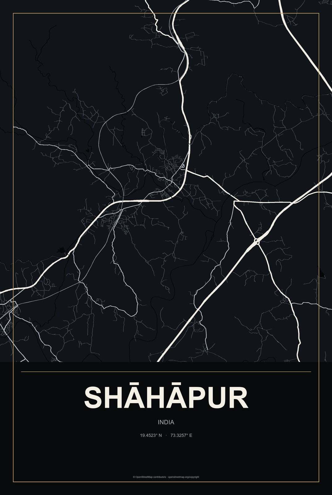 Shāhāpur, India City Map Aluminum Sign in Metropolitan Noir style