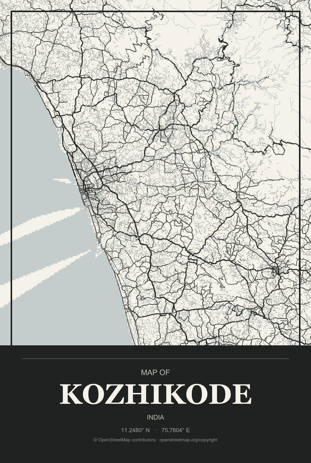 Kozhikode, India City Map Aluminum Sign in Museum Plaque style