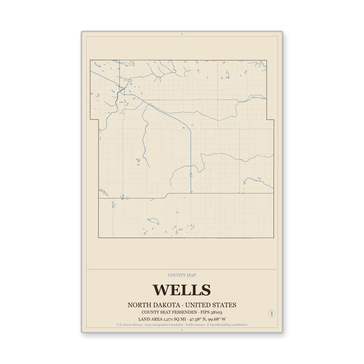 Wells County, North Dakota Map Aluminum Sign in Heritage Nautical style
