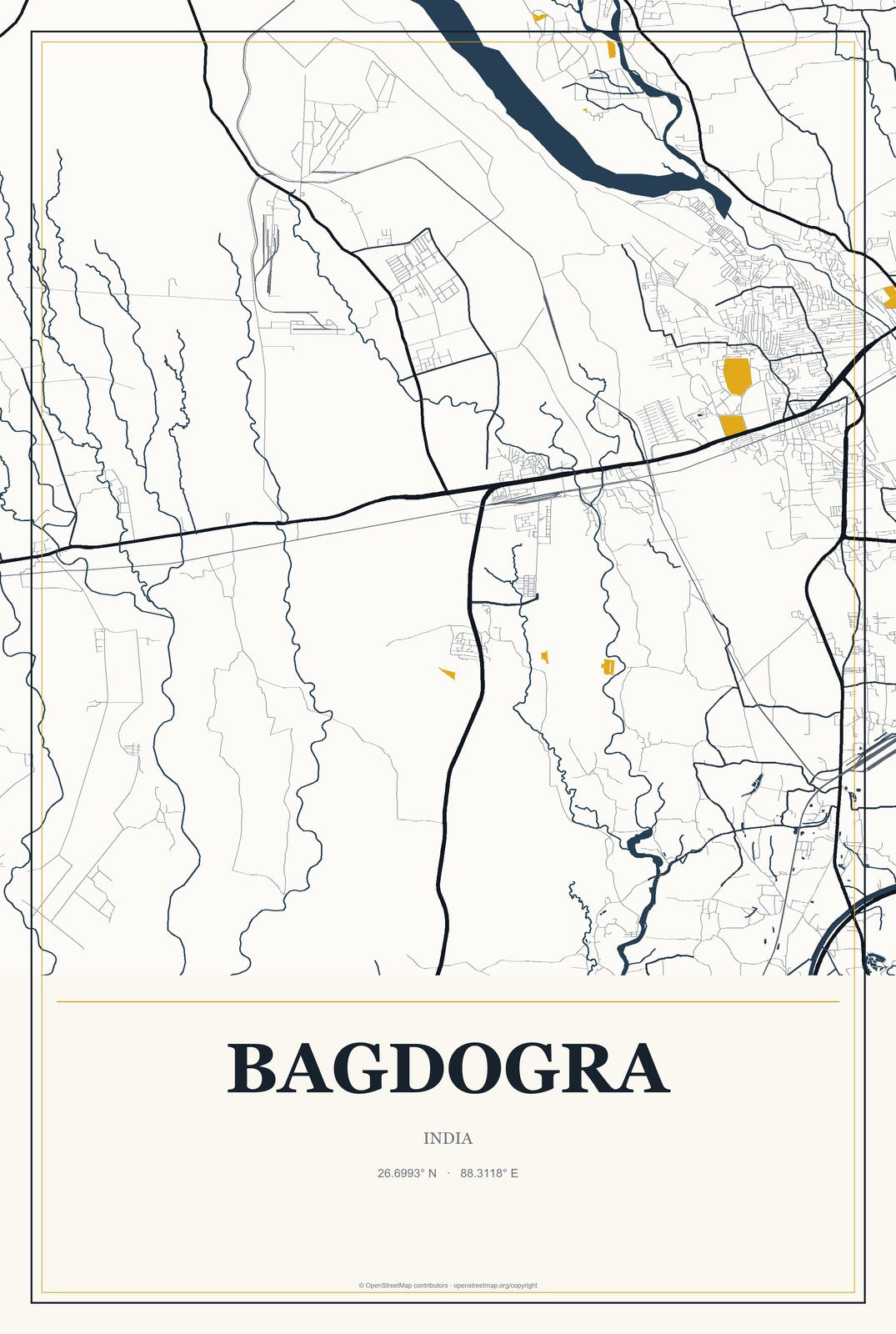 Bagdogra, India City Map Aluminum Sign in Citrine Modern style