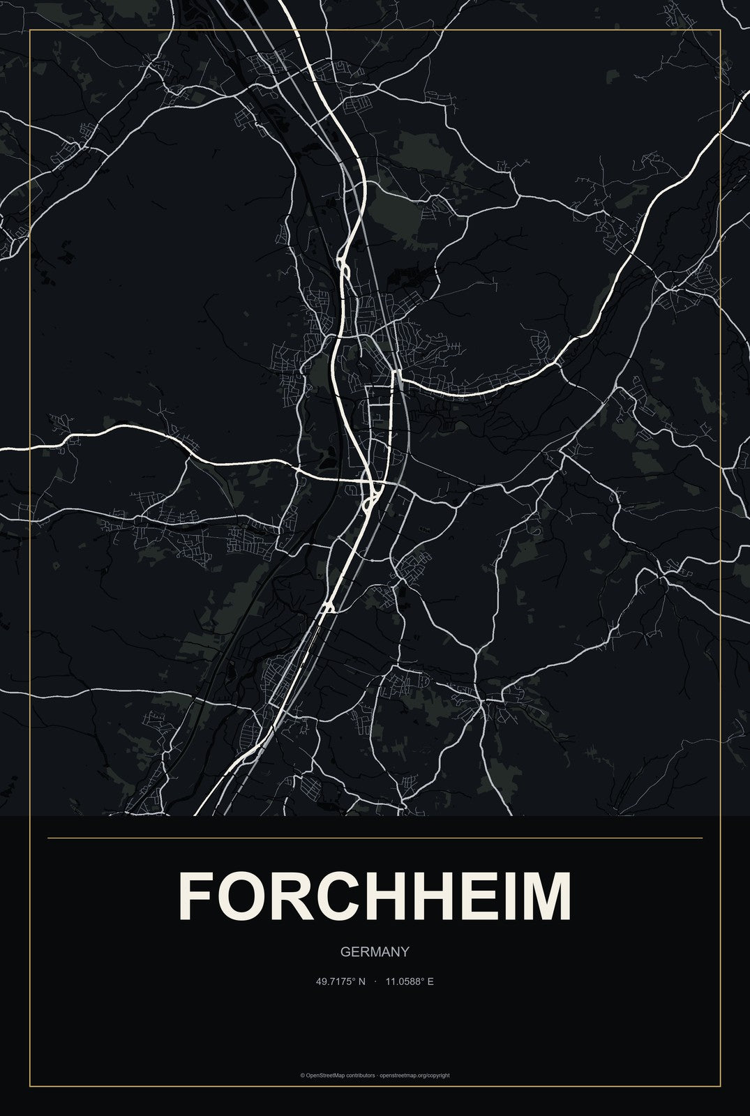 Forchheim, Germany City Map Aluminum Sign in Metropolitan Noir style
