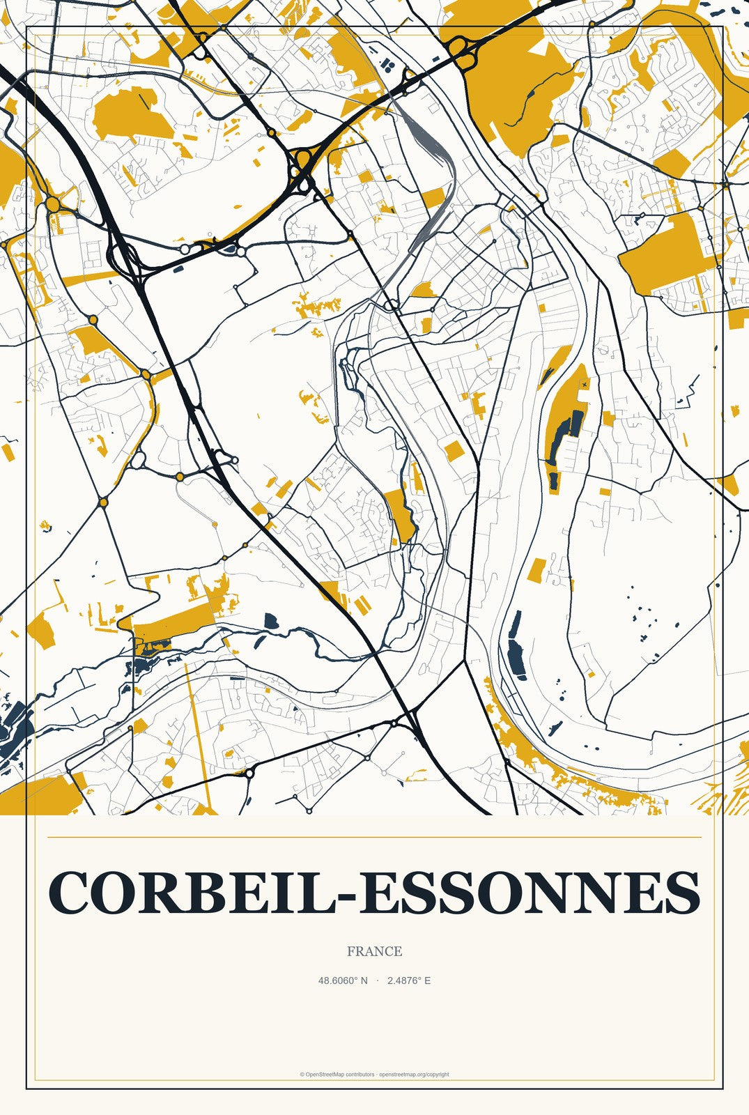 Corbeil-Essonnes, France City Map Aluminum Sign in Citrine Modern style