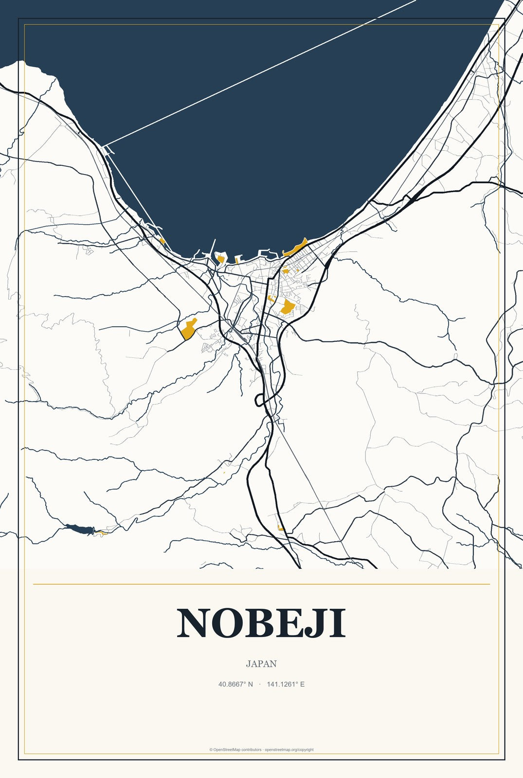 Nobeji, Japan City Map Aluminum Sign in Citrine Modern style