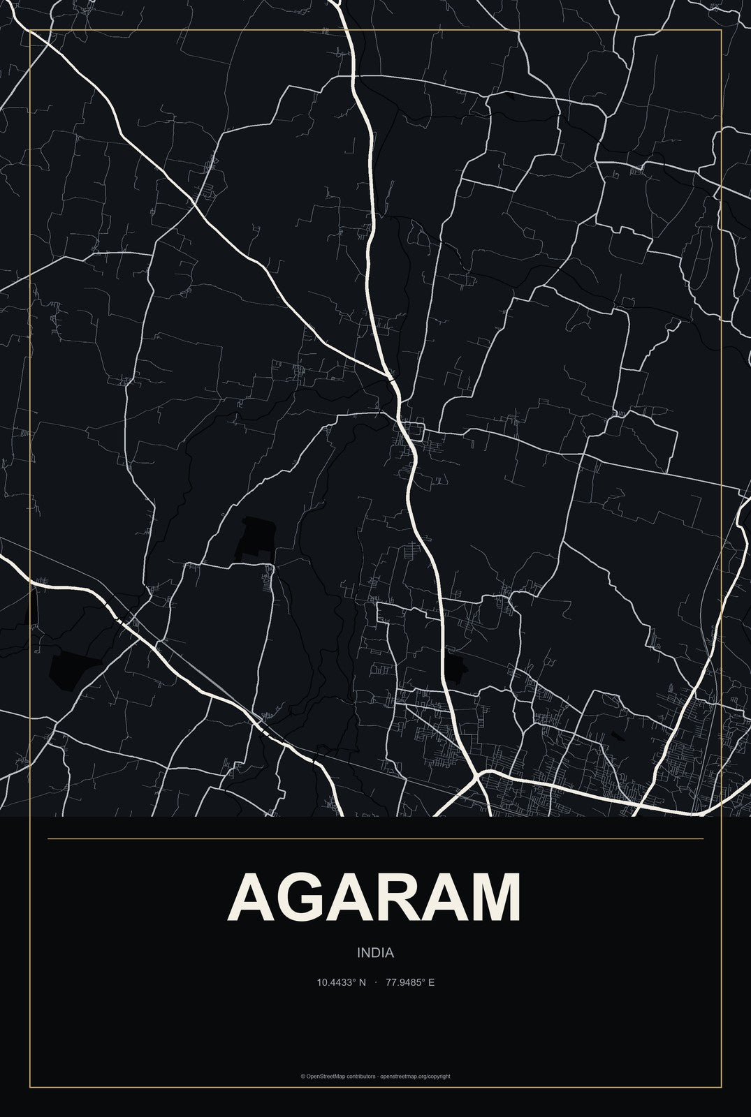 Agaram, India City Map Aluminum Sign in Metropolitan Noir style