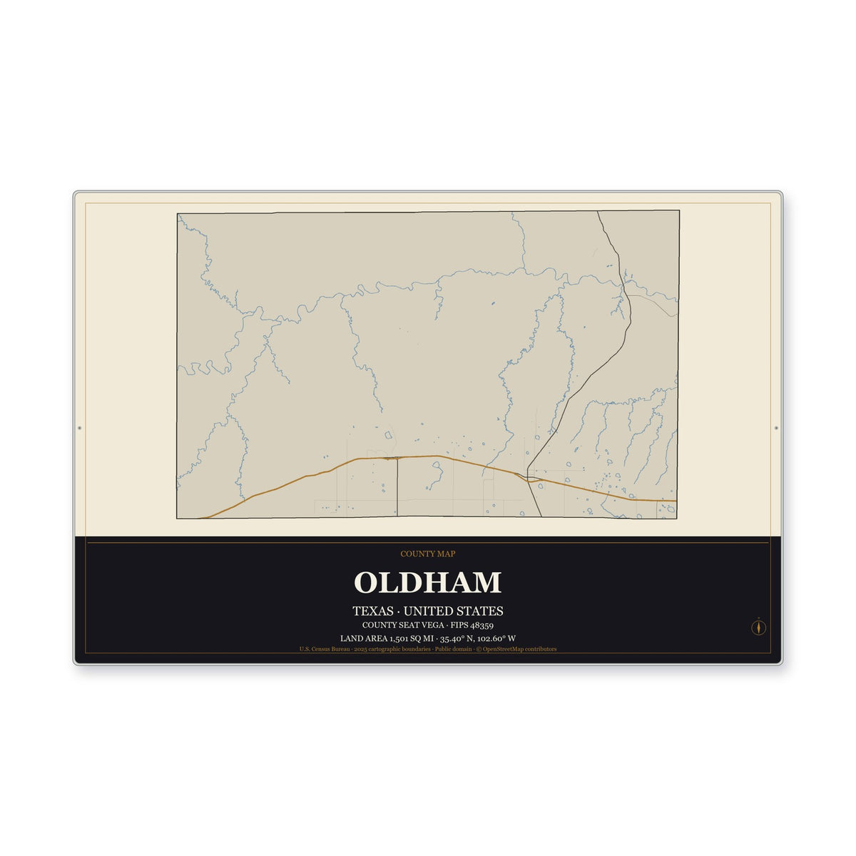 Oldham County, Texas Map Aluminum Sign in Museum Plaque style