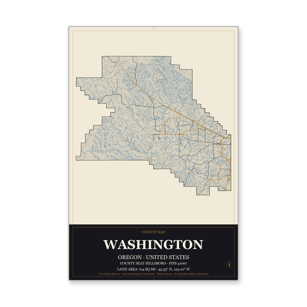 Washington County, Oregon Map Aluminum Sign in Museum Plaque style