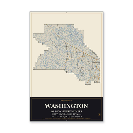 Washington County, Oregon Map Aluminum Sign in Museum Plaque style