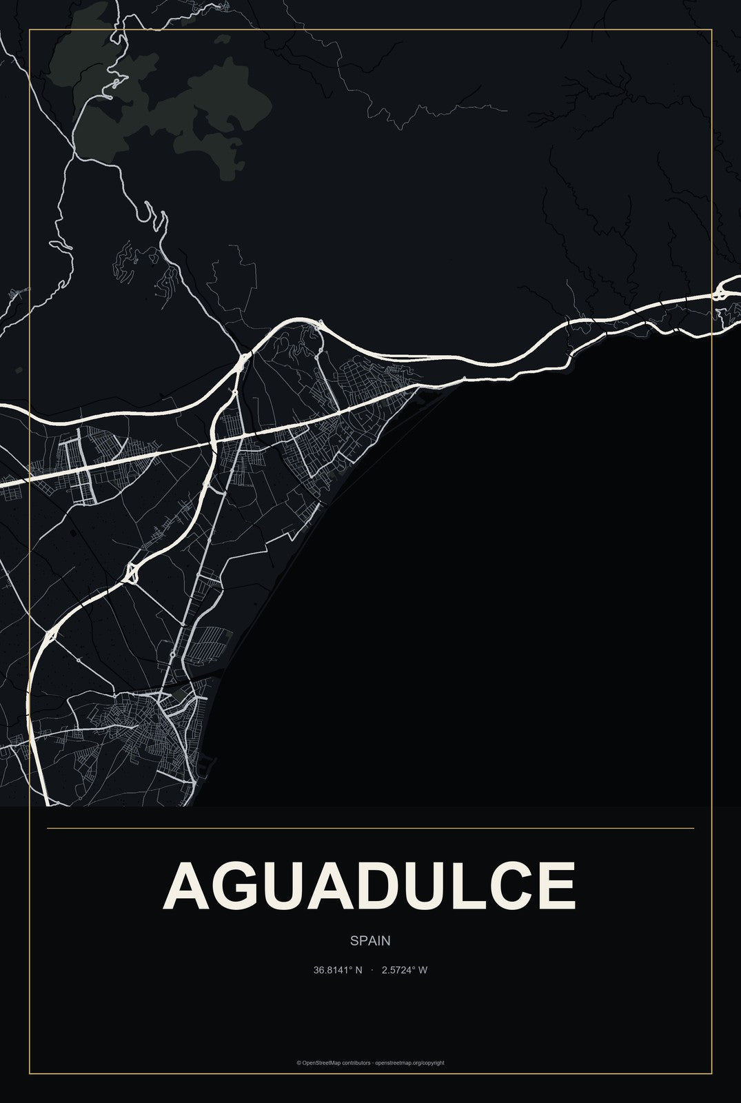 Aguadulce, Spain City Map Aluminum Sign in Metropolitan Noir style