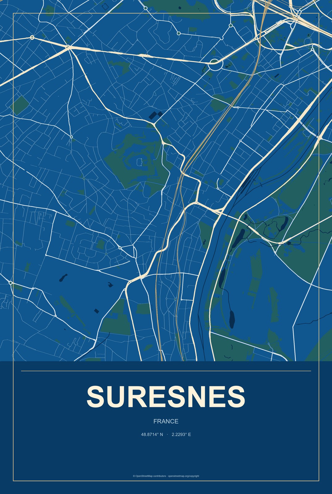 Suresnes, France City Map Aluminum Sign in Harbor Cobalt style