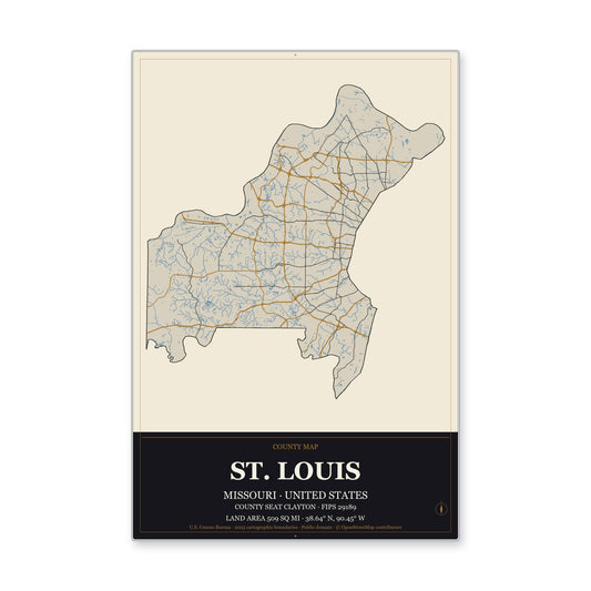 St. Louis County, Missouri Map Aluminum Sign in Museum Plaque style