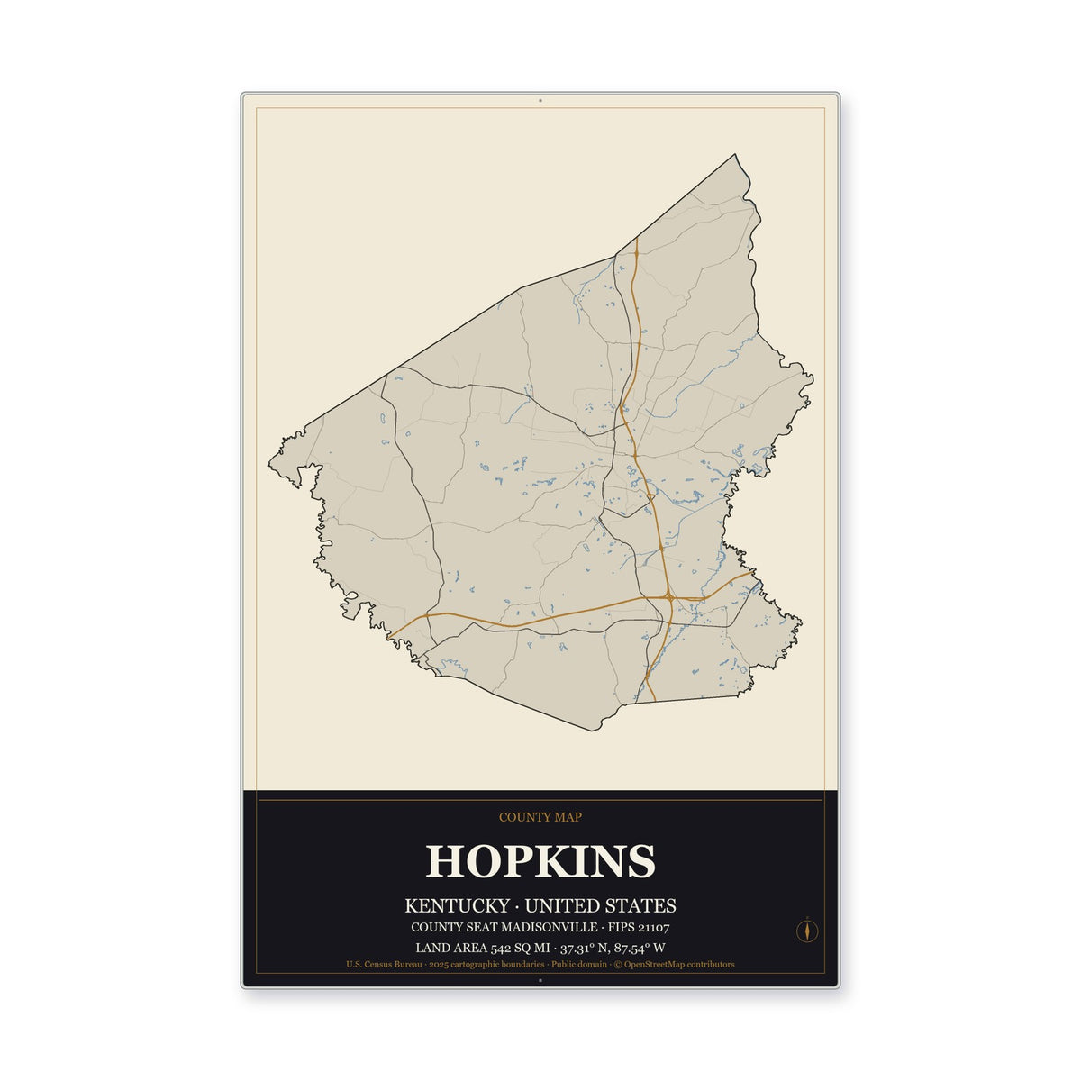 Hopkins County, Kentucky Map Aluminum Sign in Museum Plaque style