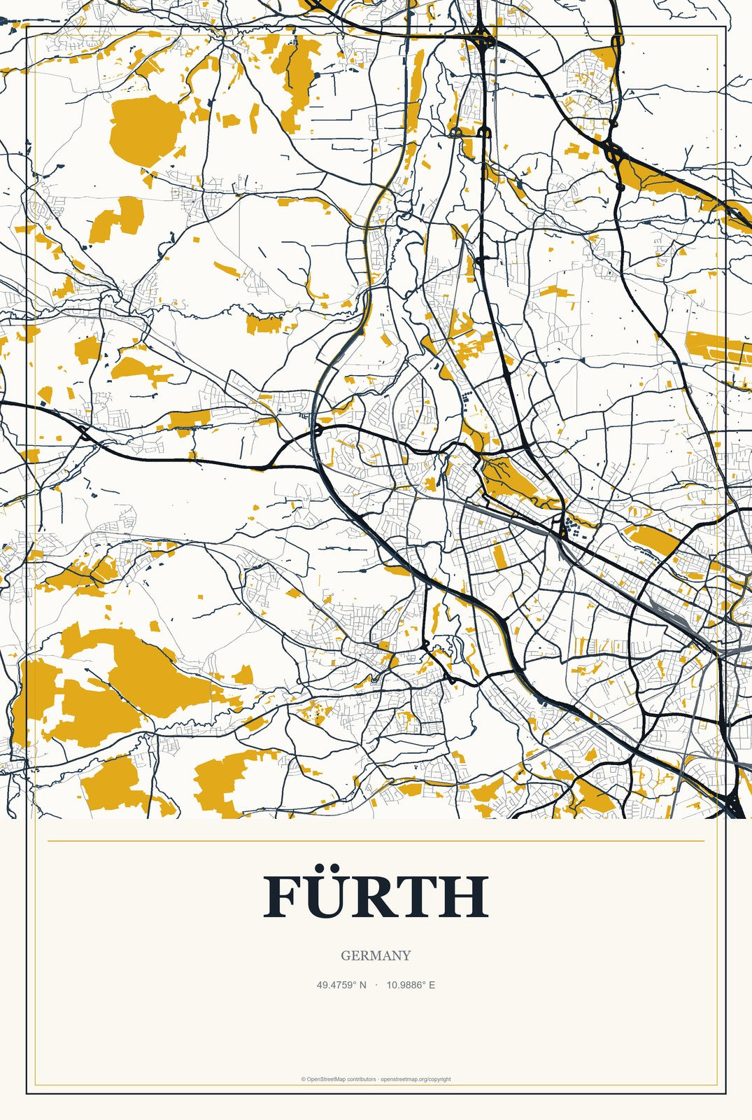 Fürth, Bavaria, Germany City Map Aluminum Sign in Citrine Modern style