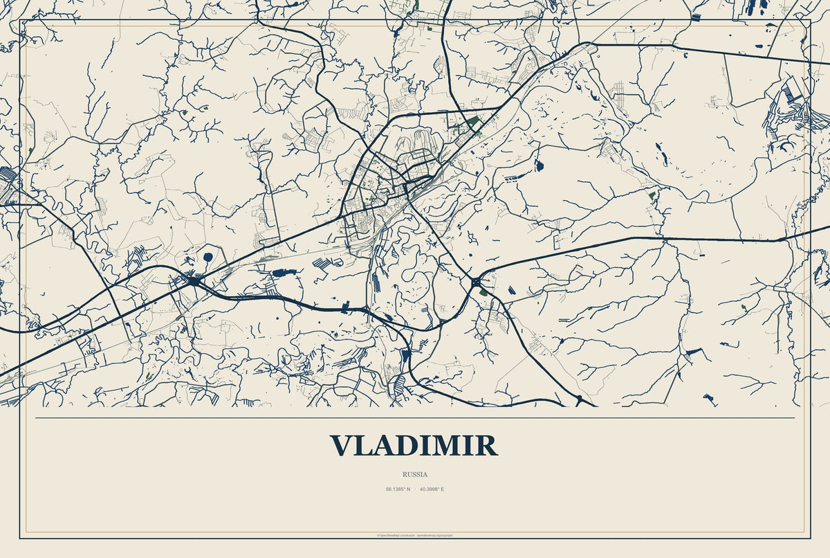 Vladimir, Russia City Map Aluminum Sign in Coastal Cutout style