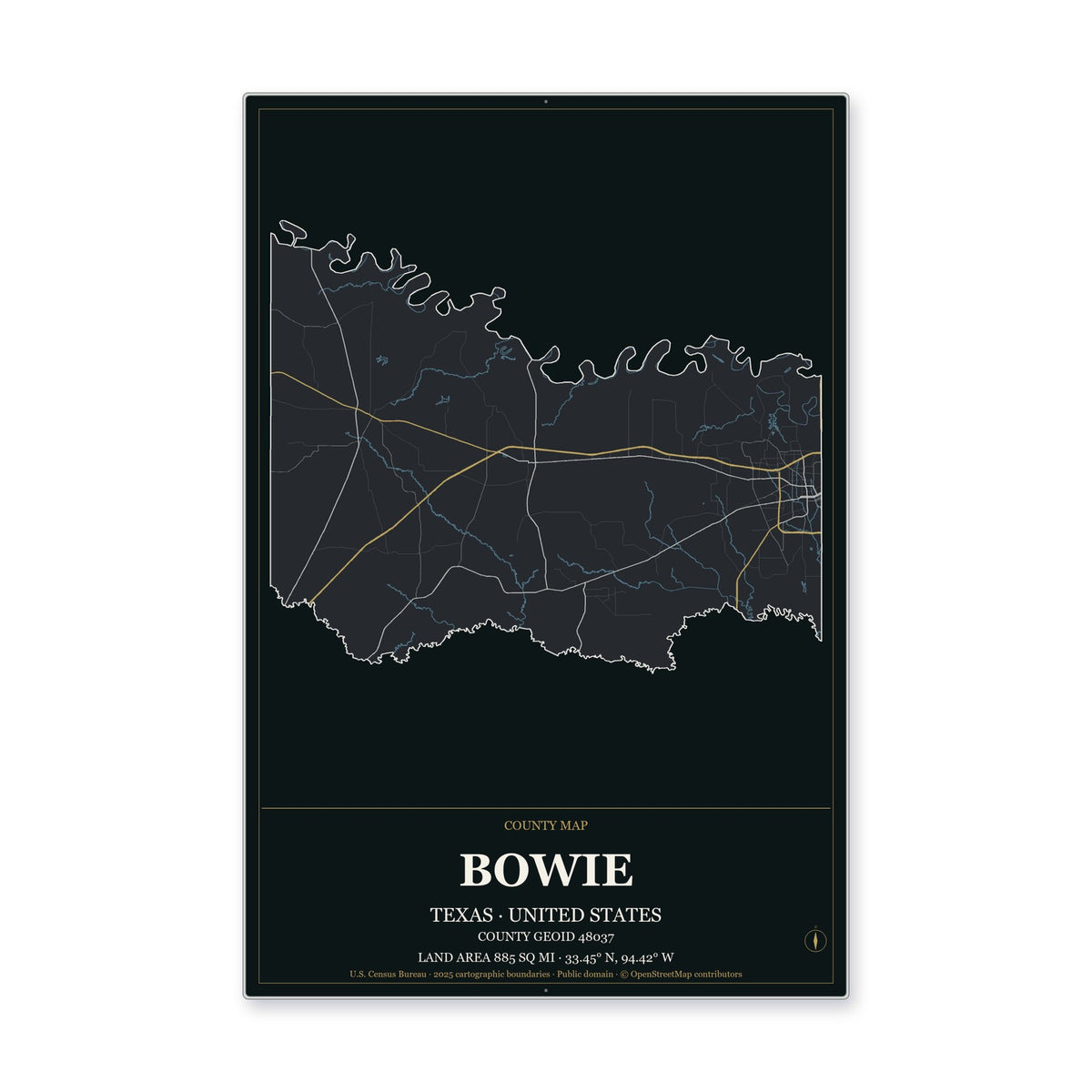 Bowie County, Texas Map Aluminum Sign in Metropolitan Noir style
