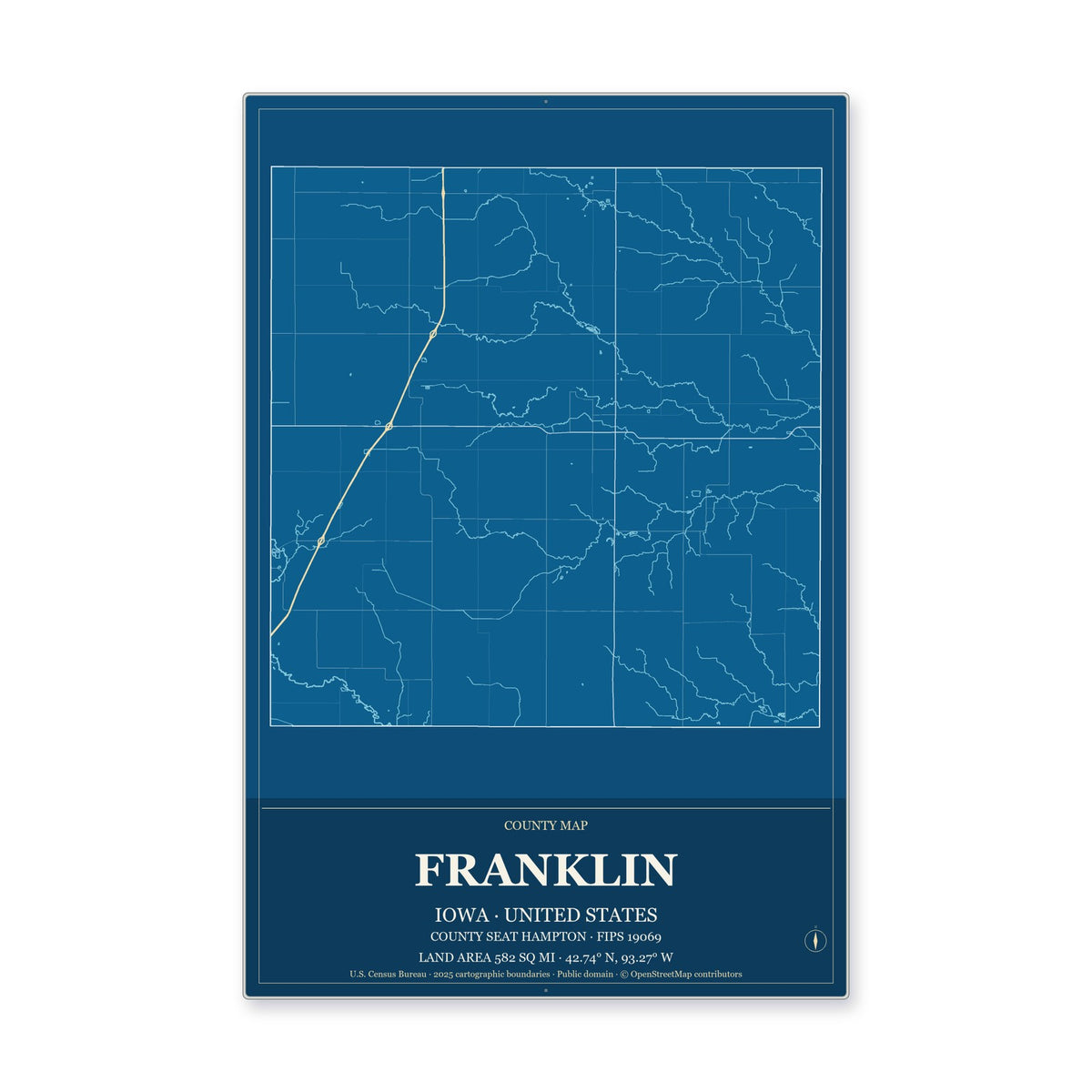 Franklin County, Iowa Map Aluminum Sign in Harbor Cobalt style