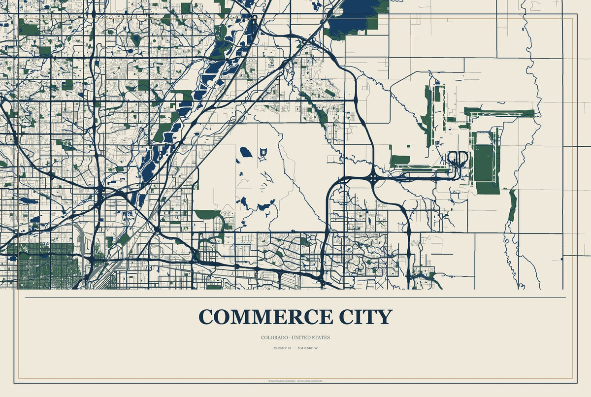 Commerce City, Colorado City Map Aluminum Sign in Coastal Cutout style