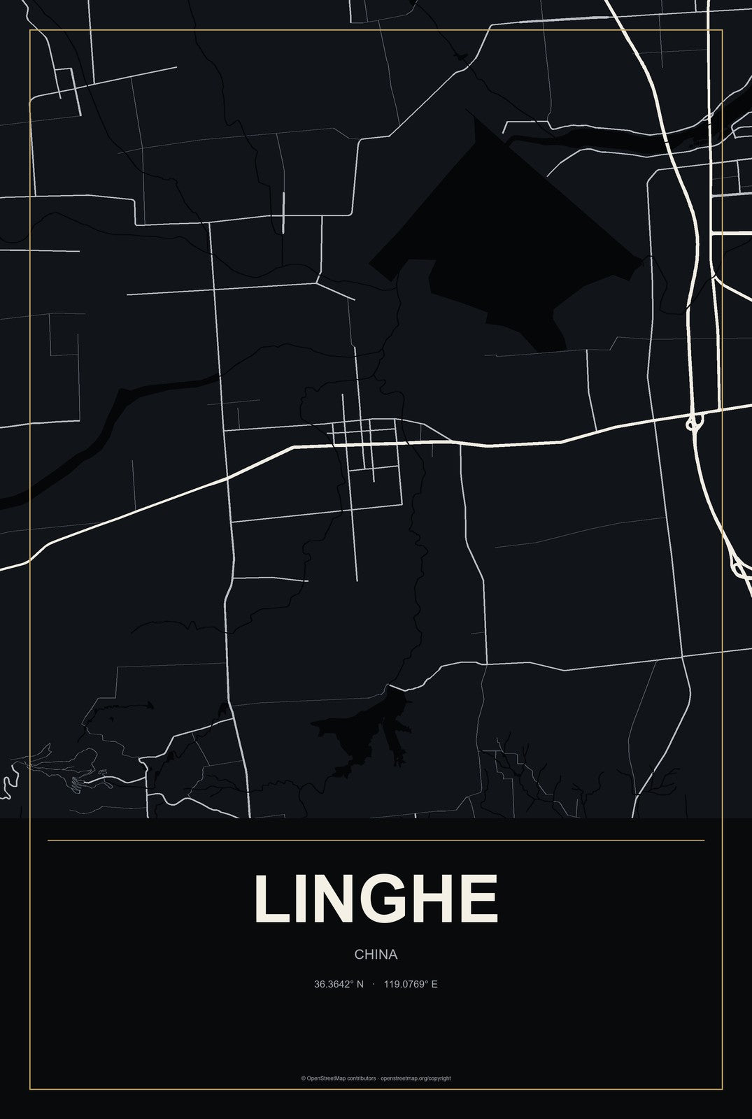Linghe, China City Map Aluminum Sign in Metropolitan Noir style