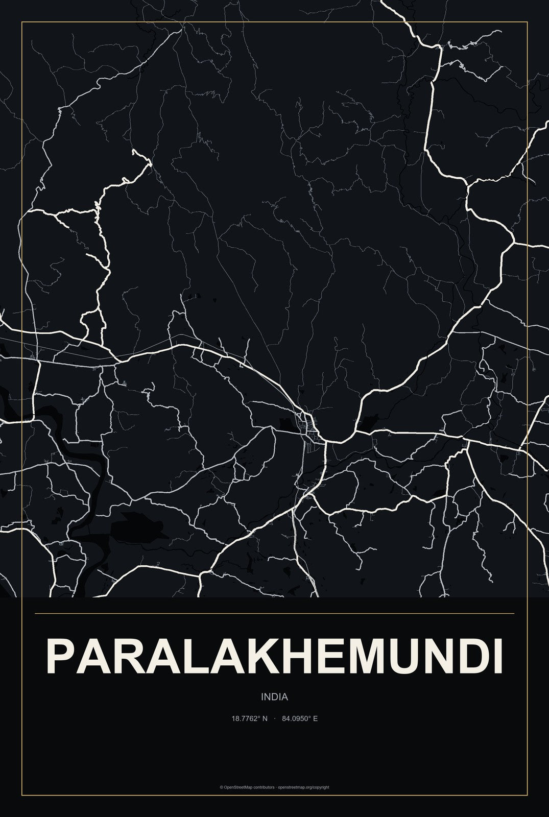 Paralakhemundi, India City Map Aluminum Sign in Metropolitan Noir style